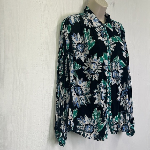 Free People - Good Vibrations Floral Teal Black Button Down Oversized Blouse XS - Picture 4 of 13